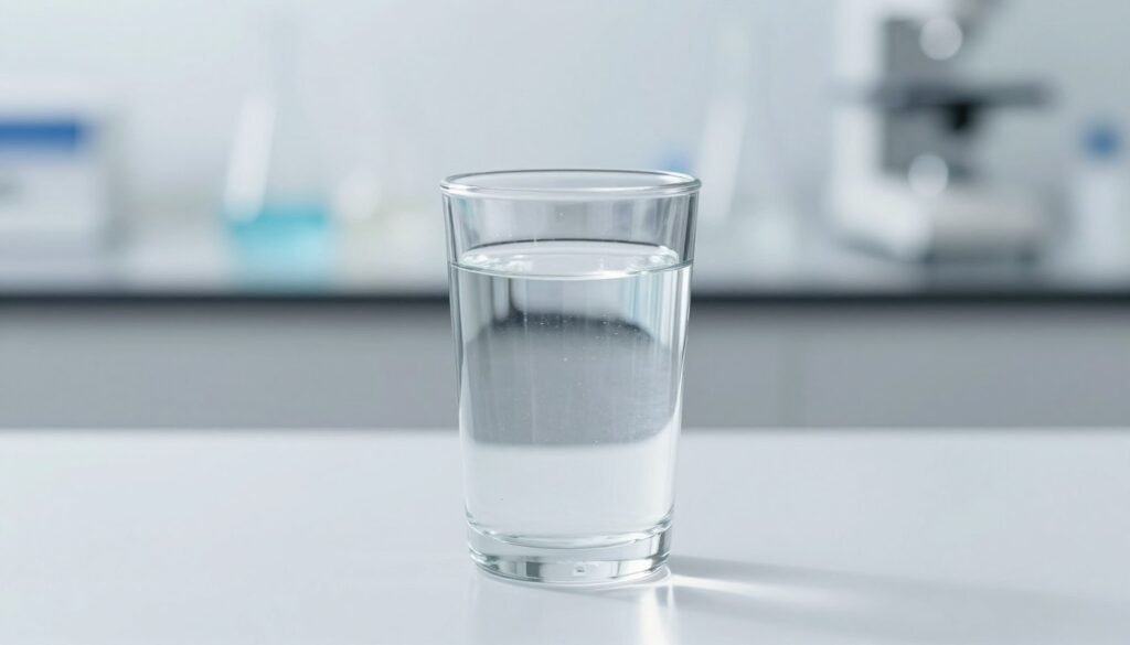 A crystal-clear glass of distilled water placed on a clean, reflective surface, showcasing its purity. In the foreground, the glass catches light, creating gentle highlights that emphasize its transparency. In the middle ground, a soft-focus background includes a blurred view of a pristine laboratory setting, hinting at scientific rigor and cleanliness. The lighting is bright and crisp, evoking a sense of freshness, with soft shadows to add depth. Capture the mood of purity and simplicity, representing distilled water as the cleanest form of hydration. The image should be serene and inviting, reflecting its health benefits without distractions or additional elements.