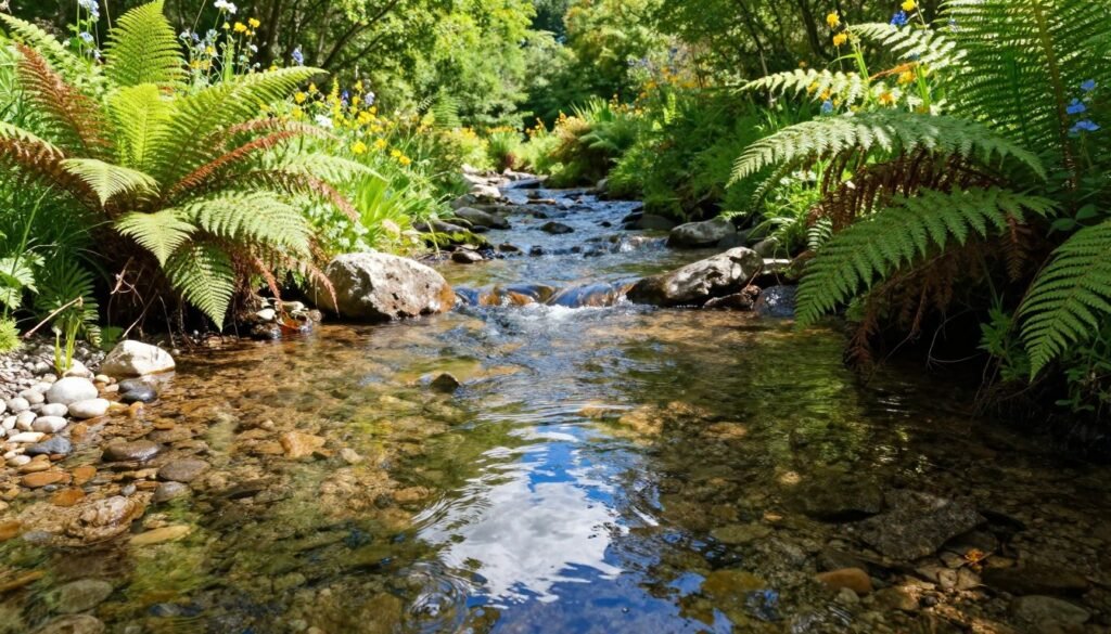 A crystal-clear stream of natural spring water flowing over smooth, rounded pebbles, surrounded by lush green ferns and vibrant wildflowers. The sunlight filters through the leaves of nearby trees, casting dappled patterns on the water's surface, creating a serene and inviting atmosphere. In the foreground, a small pool captures the light, reflecting the blue sky and puffy white clouds above. In the middle, the gently flowing water creates ripples, illustrating its purity and freshness. In the background, a soft focus on the dense forest adds depth, while the vivid colors evoke a sense of tranquility and connection to nature. The composition should emphasize clarity and freshness, with bright, natural lighting to enhance the scene’s inviting mood. Use a wide-angle lens perspective to capture the landscape's beauty and evoke a sense of serenity.