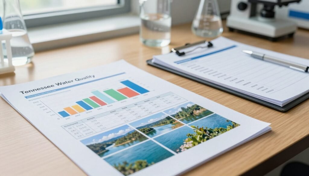 A detailed Tennessee water quality report laid on a wooden table, showcasing graphs and charts with data about drinking water quality testing. In the foreground, high-resolution images of water samples in clear glass vials represent diverse sources such as rivers and reservoirs, with vibrant colors indicating purity levels. The middle ground features a clipboard with a checklist indicating various testing parameters like pH, turbidity, and contaminants. In the background, a blurred laboratory setting with beakers and scientific equipment adds context. The scene is softly illuminated by natural light coming through a window, creating a clean and professional atmosphere. The angle is slightly overhead, ensuring all elements are clearly visible, emphasizing the importance of water quality assessment in Tennessee.