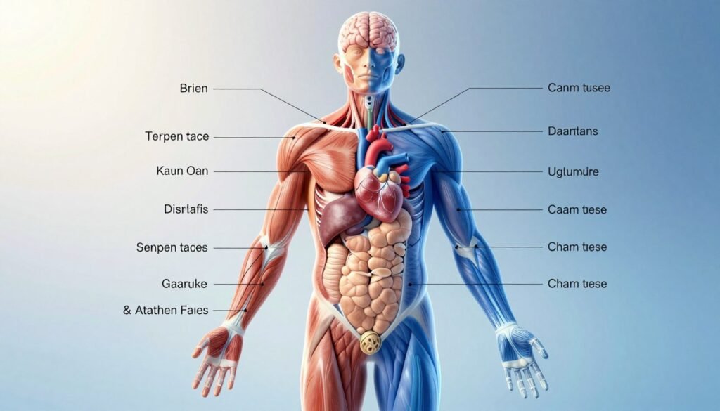 A detailed, anatomical illustration of water distribution in the human body, highlighting key areas such as the brain, heart, muscles, and organs. In the foreground, depict a semi-transparent human silhouette filled with fluid blue tones to represent hydration levels. The middle layer should show labels or diagrams for major organs while maintaining a clean and educational look. The background should feature a subtle gradient that transitions from light to dark, symbolizing the passage of time as water is absorbed and distributed. Use soft, natural lighting to give a bright and inviting atmosphere, and incorporate a slight vignette effect for focus. The overall mood should be informative and inspiring, appealing to readers interested in health and wellness.