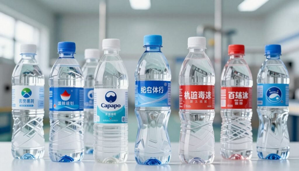 A detailed arrangement of various bottled water labels displayed prominently in the foreground, showcasing different brands that emphasize safety information. Each label should be visually distinct, including symbols for independent testing certifications, pH levels, source location, and mineral content. In the middle ground, a subtle, blurred background of a modern, cleanwater facility with soft lighting creates a professional atmosphere. The image is illuminated by natural light, highlighting the clarity of the water bottles and emphasizing the trustworthiness of the labels. The overall mood is informative and reassuring, evoking a sense of reliability and safety in bottled water consumption.