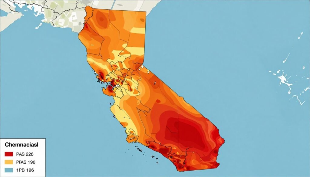 A detailed geographic heat map of California highlighting specific areas with elevated PFAS chemical concentrations using orange and red shading.