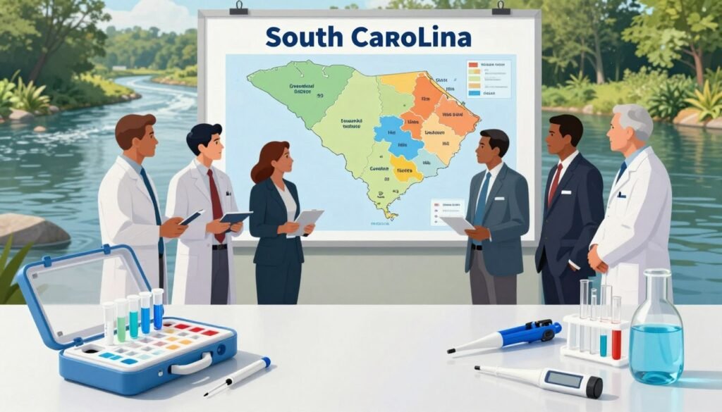 A detailed illustration depicting the concept of water testing regulations in South Carolina, layered in a professional context. In the foreground, a water testing kit with various instruments such as test tubes, color charts, and pipettes is laid out on a clean, clutter-free table. In the middle ground, a diverse group of professionals in business attire—scientists and regulators—are discussing water quality metrics, with a backdrop of a large map of South Carolina highlighting different water sources and contamination areas. The background features a serene landscape showing a river flowing through lush greenery, symbolizing clean water resources. The lighting is bright and natural, evoking a sense of clarity and vigilance, with a respectful, serious mood focused on the importance of government oversight in protecting drinking water quality.