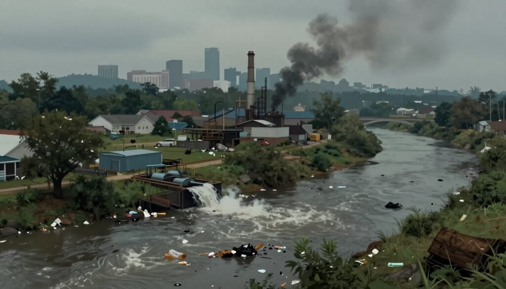 A detailed illustration of Alabama water pollution sources, capturing various elements affecting drinking water quality. In the foreground, a murky river flows, littered with plastic waste and industrial runoff. Nearby, a small factory emits smoke and waste into the water. In the middle ground, a residential area is visible, with poorly maintained septic systems and overgrown vegetation further contributing to pollution. The background shows a hazy skyline of a city, with distant hills under a gray, overcast sky, suggesting a polluted atmosphere. The lighting is gloomy and dim, creating a somber mood highlighting environmental challenges. Use a wide-angle lens to encompass the scene, focusing on both human impact and natural elements. The overall tone should evoke concern for water quality and public health without any people present in the image.