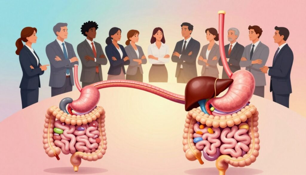 A detailed illustration of the human digestive system functioning efficiently. In the foreground, an anatomically accurate diagram of the digestive tract, including the stomach, intestines, and liver, is shown with vibrant colors highlighting digestive enzymes and nutrients breaking down food. In the middle layer, a diverse group of professionals in business attire observe the process, pointing out key areas with expressions of curiosity and engagement. The background features a soft gradient of calming colors, symbolizing harmony and health. Soft, warm lighting emphasizes the system's activity, creating an inviting yet educational mood. The scene is viewed from a slightly elevated angle to provide depth and clarity. No text or distractions present.