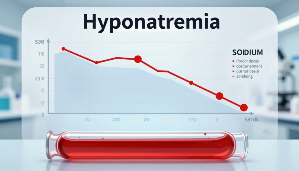A detailed illustration representing hyponatremia, focusing on sodium levels in the blood. In the foreground, a visually striking infographic showing a blood sample in a laboratory glass, with vibrant red color contrasting against a light blue background, symbolizing low sodium levels. The middle layer features scientific graphs and charts depicting sodium concentration decline, with professional annotations, all set against a soft, blurred laboratory background. The lighting is bright and clinical, enhancing the educational atmosphere. The overall mood is informative and serious, aimed at fostering understanding of hyponatremia's medical implications. Ensure no text or extraneous elements are present, and maintain a clean, precise aesthetic.