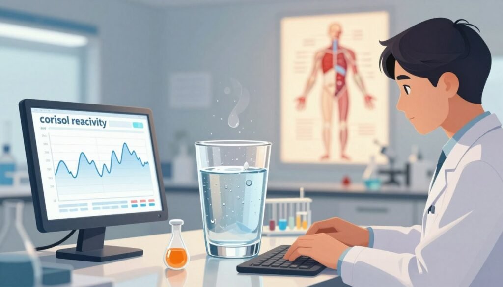 A detailed illustration representing the concept of cortisol reactivity and hydration status. In the foreground, a scientist in professional attire is analyzing data on cortisol levels displayed on a digital screen, showing fluctuating graphs. The middle ground features a clear glass of water with droplets of condensation, symbolizing hydration, alongside a drop of cortisol in a scientific vial. In the background, a serene lab environment with soft, warm lighting emphasizes a calm atmosphere, and an anatomical diagram of the human stress response system is softly illuminated on the wall. The image conveys a tranquil yet focused mood, inviting viewers to explore the biological mechanisms connecting hydration and stress.