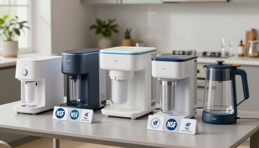 A detailed indoor setting showcasing a collection of various water filtration systems, arranged on a sleek, modern table. In the foreground, highlight several NSF certification labels, clearly focused, featuring symbols and seals that convey safety and quality assurance. In the middle, display a diverse selection of filtration devices including countertop systems, under-sink filters, and pitcher models, all gleaming under soft, diffused lighting to create an inviting atmosphere. In the background, a serene, minimalist kitchen with plants and glassware subtly suggests a healthy lifestyle. The overall mood should feel professional yet approachable, encouraging consumers to consider safe hydration options. Use a shallow depth of field to blur the background slightly, drawing attention to the certified filtration systems.