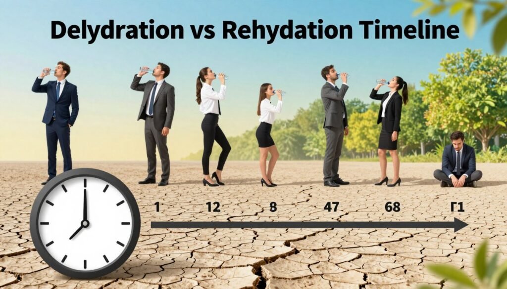 A detailed infographic illustrating the "Dehydration vs. Rehydration Timeline." In the foreground, depict a stylized clock symbolizing time, with arrows showing stages of hydration, like a path leading from dehydration to rehydration. The middle layer should display human figures in professional business attire, positioned at different points along the timeline, engaging in hydration activities like drinking water, exercising, and resting. In the background, create a gradient that transitions from a dry, cracked landscape to a vibrant, flourishing environment representing hydration's benefits. Soft, natural lighting highlights the healthy transformation, evoking a sense of wellness and vitality, while a smooth focus emphasizes clarity and professionalism.