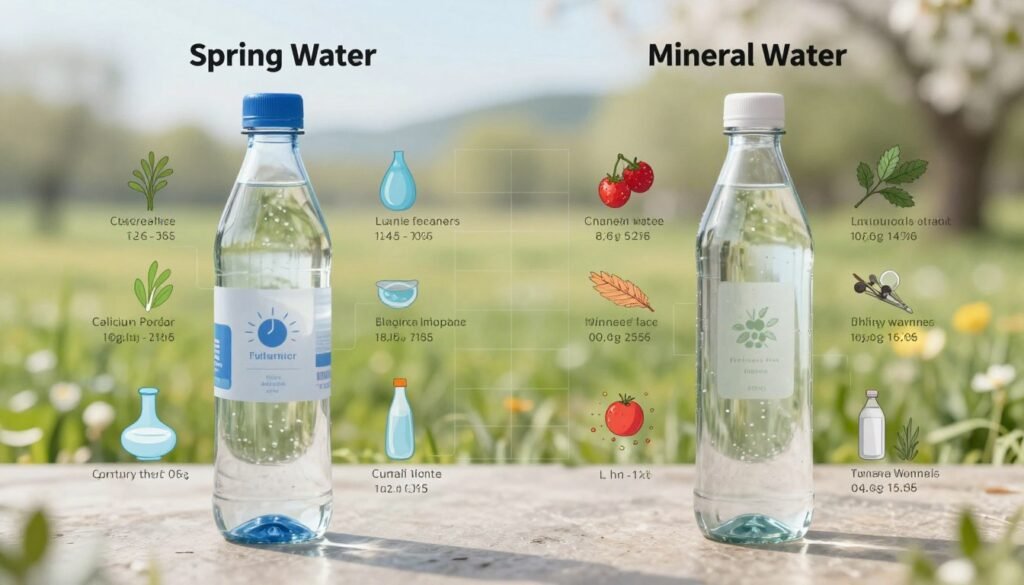 A detailed infographic-style image comparing the mineral content of spring water and mineral water. In the foreground, display two clear glass water bottles, one labeled "Spring Water" and the other "Mineral Water," with the mineral content visually represented as colorful infographics around each bottle. In the middle ground, include a subtle grid or chart layout showing various minerals, such as calcium, magnesium, and sodium, with their respective concentrations in both types of water. The background features a soft-focus nature scene with a serene spring landscape, emphasizing purity and freshness. Use soft, natural lighting to create a calm and informative atmosphere, highlighting the differences between the two water types. Aim for a balanced, educational tone with no distractions, ensuring the focus remains on the mineral content comparison.