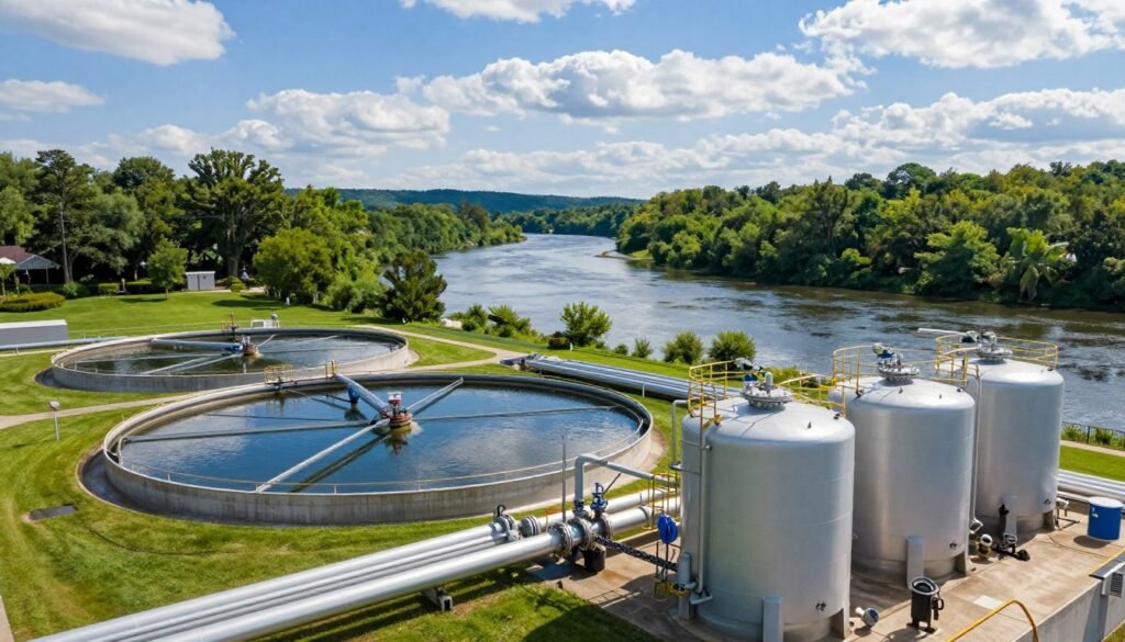 A detailed view of Massachusetts' water infrastructure, showcasing a modern water treatment plant in the foreground, with clear pipes and tanks reflecting sunlight. The middle ground features a serene river flowing through lush green landscapes, symbolizing the source of the drinking water. In the background, gently rolling hills and a blue sky with soft clouds enhance the picturesque setting. The lighting is bright and natural, creating an inviting atmosphere that emphasizes purity and environmental stewardship. Capture this scene with a wide-angle lens to provide depth and context, focusing on the harmonious relationship between technology and nature while highlighting the importance of water quality conservation in Massachusetts.