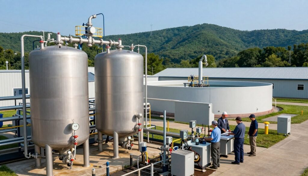 A detailed view of a West Virginia water treatment facility, showcasing its large, sophisticated filtration tanks and chemical dosing equipment in the foreground. In the middle ground, display technicians in professional attire monitoring the water treatment process, working with instruments and operating machinery. In the background, lush green Appalachian hills and a clear blue sky provide a serene contrast to the industrial elements. The scene is illuminated by soft, natural sunlight, creating a clean and inviting atmosphere. The angle is slightly elevated, capturing a wide view of the facility while emphasizing its complexity and the importance of clean drinking water.