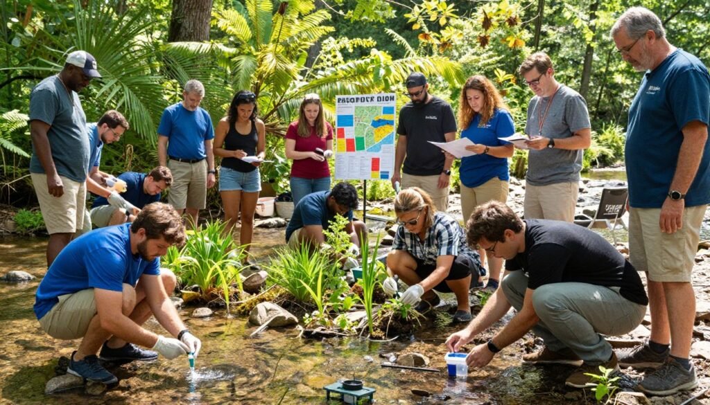 A diverse group of professionals and community members, including men and women in modest casual clothing, gather around a clear stream in Georgia, collaborating on water quality improvement projects. In the foreground, individuals test water samples with lab equipment, while others plant native vegetation along the banks. The middle ground features a small group discussing strategies, accompanied by colorful maps and data charts. In the background, lush greenery and trees frame the scene, with sunlight filtering through the leaves, creating a warm and hopeful atmosphere. The scene captures a sense of teamwork and determination, showcasing Georgia’s community-driven efforts for clean water, with a focus on clarity and detail. The image should be bright and vibrant, with a natural setting that inspires optimism.
