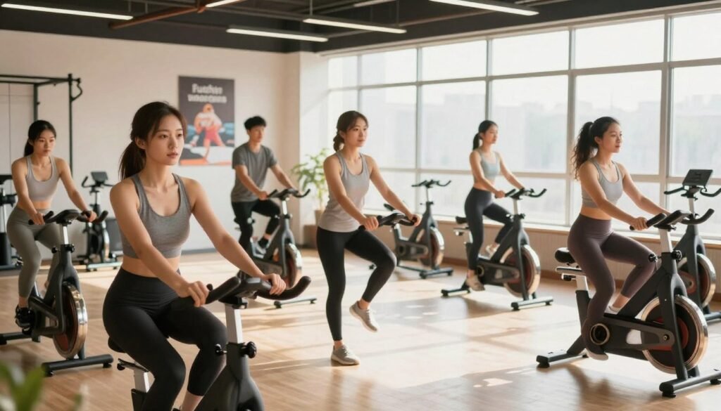 A focused illustration of physical exercise targeting overall fat loss in a professional gym setting. In the foreground, a diverse group of individuals in modest athletic gear, engaged in various exercises like weightlifting, cycling, and yoga, showcasing dedication and effort. The middle ground features exercise equipment and motivational posters promoting healthy lifestyles. The background displays large windows allowing natural light to flood the space, creating a bright and encouraging atmosphere. Soft shadows and warm tones to evoke a sense of positivity. The camera angle is slightly low to capture the determination on the participants' faces, emphasizing the myth of spot reduction through their varied workouts. This image should convey motivation and the idea that fat loss is a holistic journey rather than targeted by specific exercises.