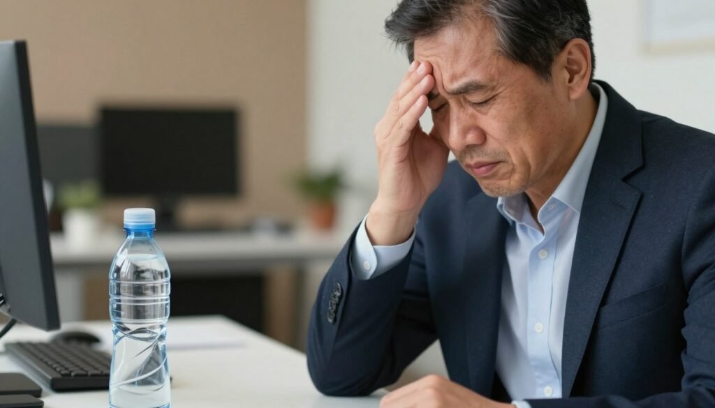 A focused image illustrating dehydration symptoms during Zepbound use, featuring a middle-aged individual in professional business attire, sitting at a modern office desk. Foreground: the person's face showing signs of fatigue and discomfort, with visible dry lips and a furrowed brow. Middle: a close-up view of a water bottle on the desk, half-full, emphasizing the importance of hydration. Background: an office setting with soft diffused lighting, creating a warm, yet serious atmosphere. The lens should be slightly blurred to keep attention on the individual, capturing their struggle with well-defined expressions, highlighting the importance of recognizing dehydration signs. The mood should convey concern and urgency, without any additional text or graphics.