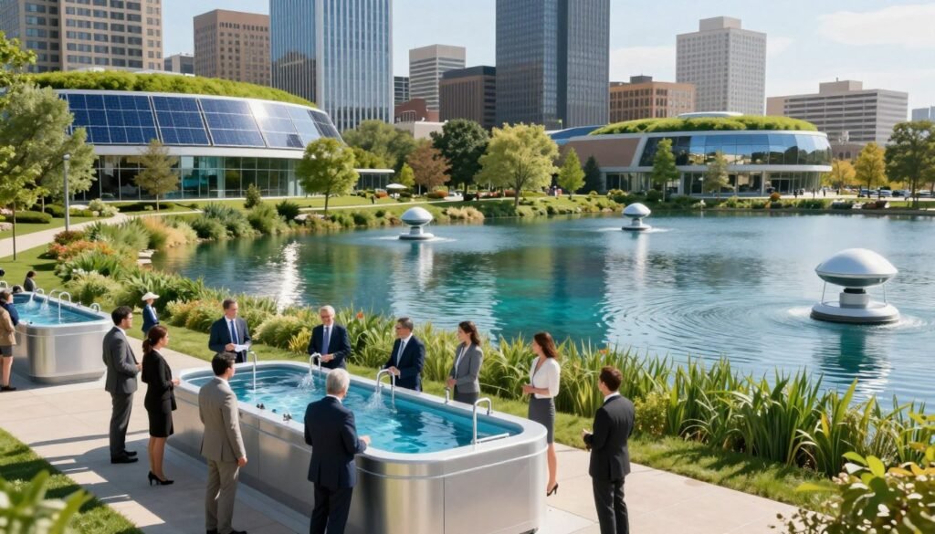 A futuristic urban landscape of Wisconsin, showcasing advanced drinking water infrastructure. In the foreground, a diverse group of professionals in business attire is examining a sleek, modern water purification system. The middle ground features a shimmering lake with clean, crystal-clear water, surrounded by lush greenery and futuristic water monitoring stations. In the background, a city skyline with eco-friendly buildings equipped with solar panels and green roofs reflects a commitment to sustainability. The scene is illuminated by soft, natural sunlight, casting gentle reflections on the water surface. The mood is optimistic and forward-looking, emphasizing innovation in preserving water quality. Use a wide-angle lens perspective to capture the expansiveness of the landscape.
