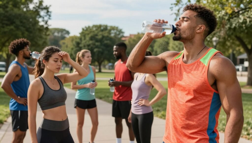 A group of diverse athletes, including Black, Caucasian, and Hispanic individuals, taking a hydration break during an intense outdoor workout session. In the foreground, a muscular man in a fitted, brightly colored tank top drinks from a clear water bottle, droplets glistening in the sun. Beside him, a woman in modest athletic wear wipes her brow, showcasing a determined yet relaxed expression. In the middle ground, other athletes are stretching and chatting, creating a dynamic atmosphere of teamwork and energy. The background features a park setting with green trees and a blue sky, with warm, natural lighting illuminating the scene, evoking a sense of health and activity. The image conveys the importance of proper hydration amidst strenuous exercise.