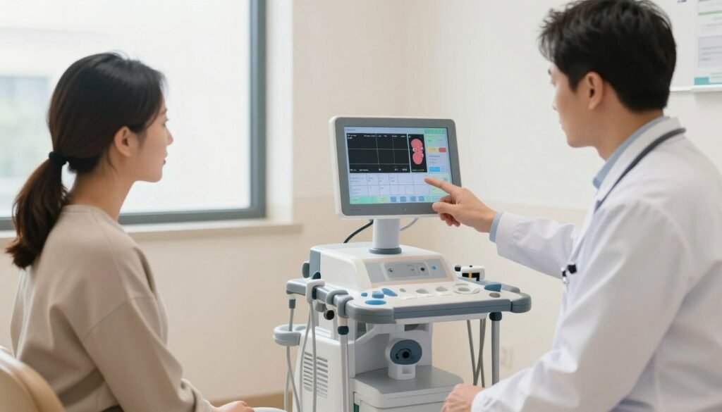 A healthcare provider and a patient are seated in a bright, modern clinic room, discussing kidney function while the patient is on Zepbound. In the foreground, the healthcare provider, dressed in professional business attire, is pointing towards a digital display showing kidney function results. The patient, dressed in modest casual clothing, appears attentive and engaged. The middle ground features a sleek medical machine monitoring vital signs, with a focus on the screen displaying kidney metrics. In the background, large windows let in natural light, creating a warm and inviting atmosphere. The color palette is soft and calming, emphasizing a sense of professionalism and care. The angle is slightly tilted to emphasize the interaction, fostering a mood of trust and collaboration in healthcare.