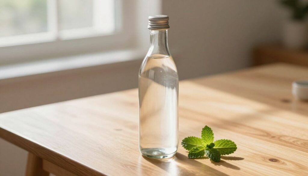 A high-end glass bottle of premium mineral water sitting on a clean, light-colored wooden table, surrounded by fresh mint leaves and a soft sunlight glow from a nearby window.