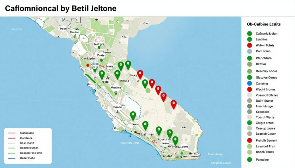 A high-quality digital map of the California coastline with interactive green and red pins indicating real-time water safety levels for beachgoers.