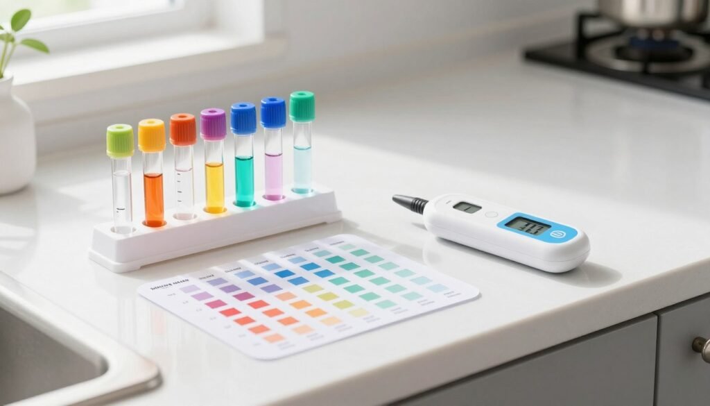 A high-quality home water testing kit displayed on a clean kitchen counter with test tubes, color charts, and digital sensors.