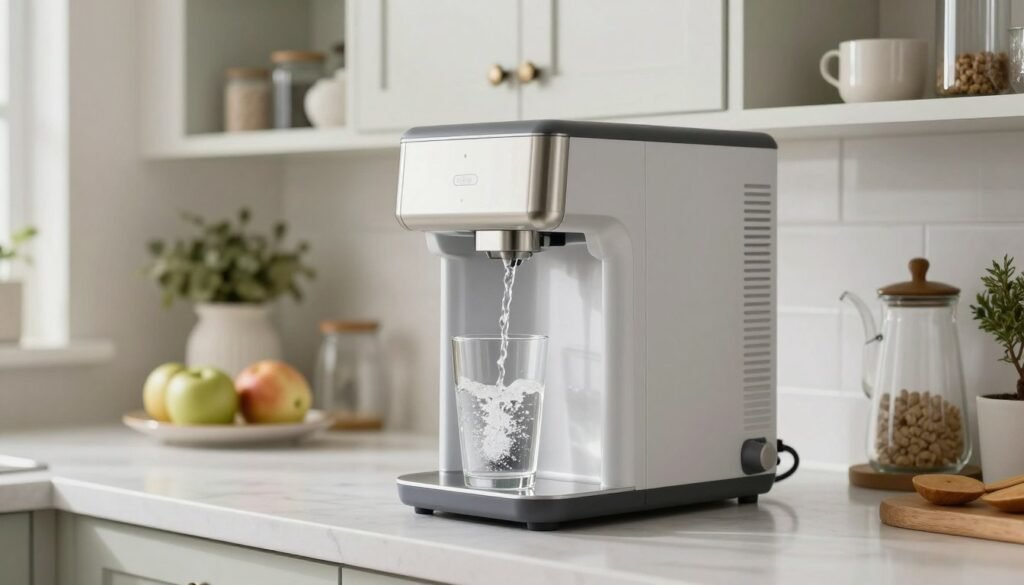 A high-quality, photorealistic image of a modern under-sink reverse osmosis water filtration system with a brushed nickel faucet dispensing crystal clear liquid into a glass, set in a clean American kitchen.