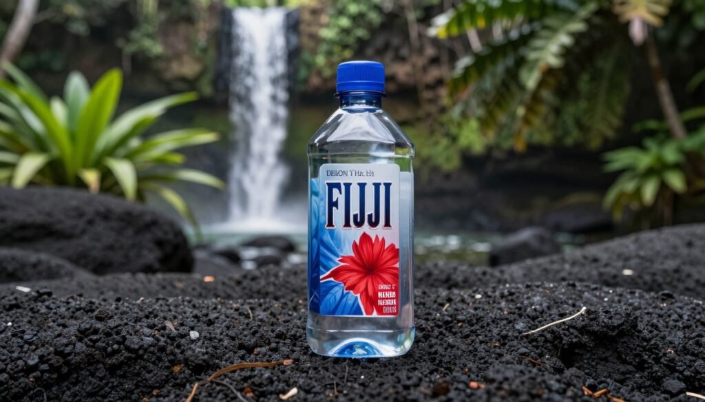 A high-quality, professional photograph of a square Fiji water bottle sitting on a dark volcanic rock, with tropical green foliage and a distant waterfall in the background, soft natural lighting.