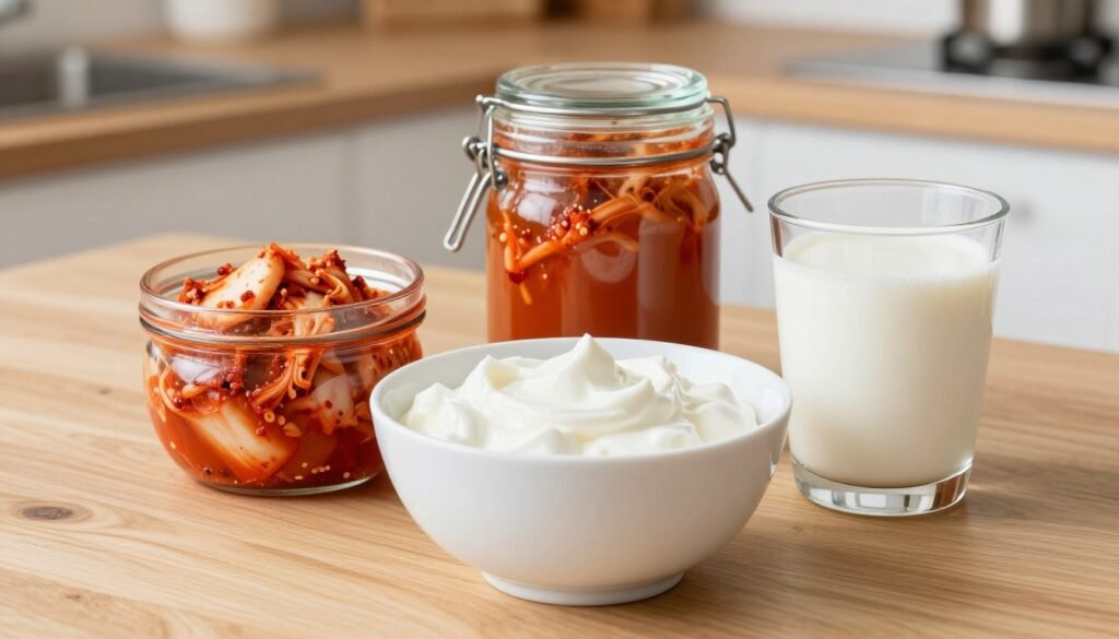 A high-quality, professional photograph of a variety of probiotic-rich foods including a bowl of Greek yogurt, a jar of colorful kimchi, and a glass of creamy kefir arranged on a clean wooden kitchen counter. A high-quality, professional photograph of a variety of probiotic-rich foods including a bowl of Greek yogurt, a jar of colorful kimchi, and a glass of creamy kefir arranged on a clean wooden kitchen counter.