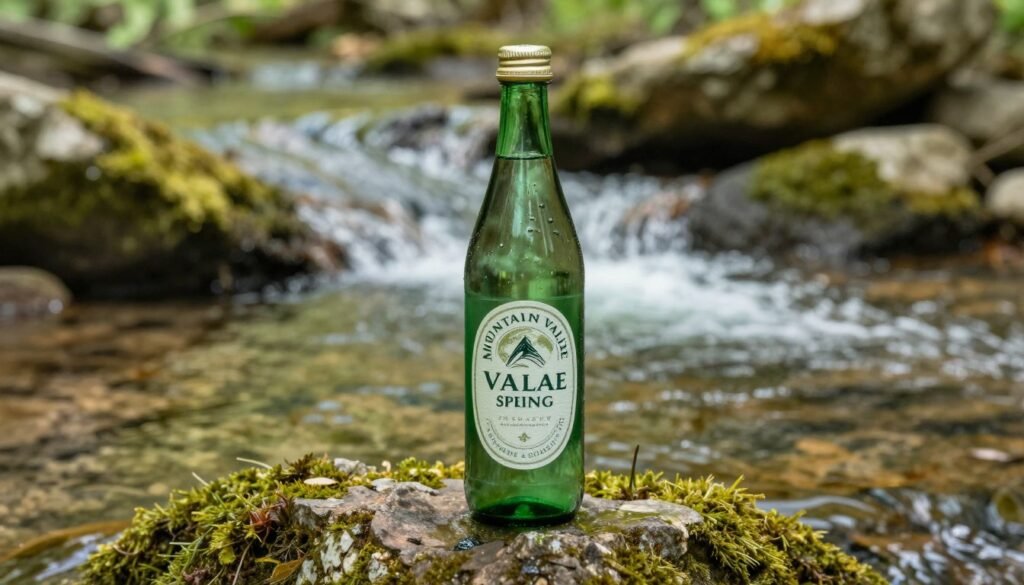 A high-quality, professional product photograph of a Mountain Valley Spring Water green glass bottle placed on a mossy rock near a clean, flowing forest spring in the Ouachita Mountains, soft natural sunlight, 8k resolution.
