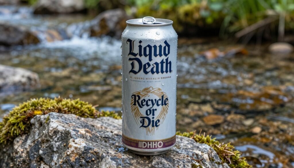 A high-quality realistic photo of a tall Liquid Death aluminum can sitting on a mossy rock beside a crystal-clear mountain stream in Idaho, showing the "Recycle or Die" logo, vibrant natural lighting, and refreshing water droplets on the metal surface.