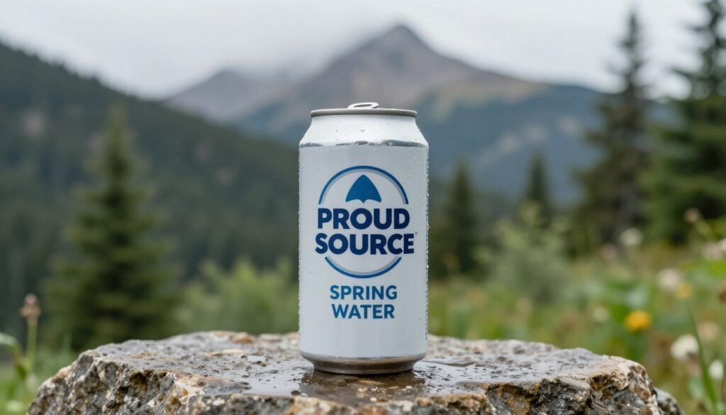 A high-quality studio photograph of a Proud Source Spring Water aluminum can with a resealable lid, standing on a wet stone surface with a blurred background of a lush green forest and a misty mountain peak in Idaho.