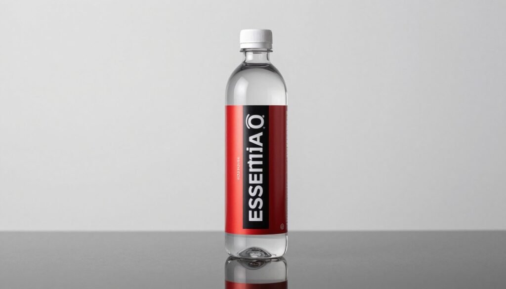 A high-quality studio photograph of an Essentia Ionized Water bottle with its iconic red and black label, standing on a sleek, reflective surface with crisp lighting and a minimalist background, 8k resolution.