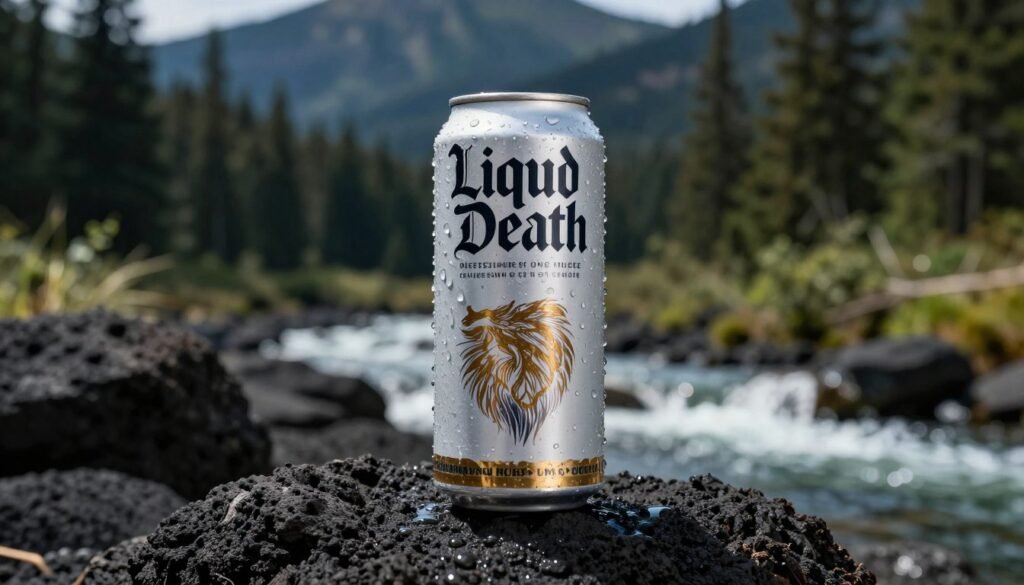 A high-resolution, cinematic studio shot of a tall Liquid Death aluminum can with fresh water droplets on the surface, resting on a dark volcanic rock with a blurred deep forest and mountain spring background, sharp focus, vibrant natural lighting.