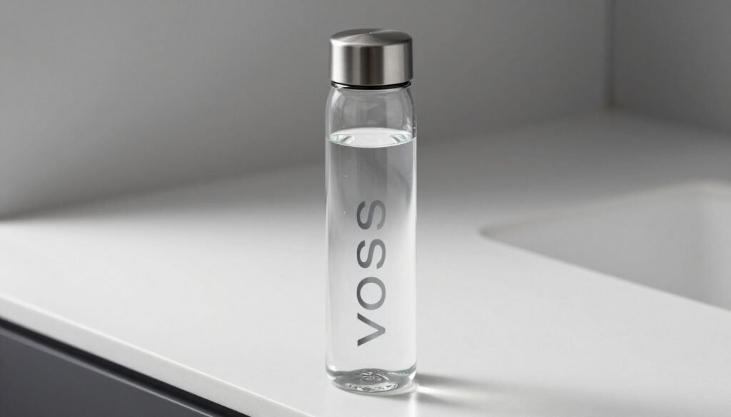 A high-resolution image of a sleek, cylindrical glass Voss water bottle standing on a clean, modern surface with soft lighting reflecting through the clear Norwegian artesian water.