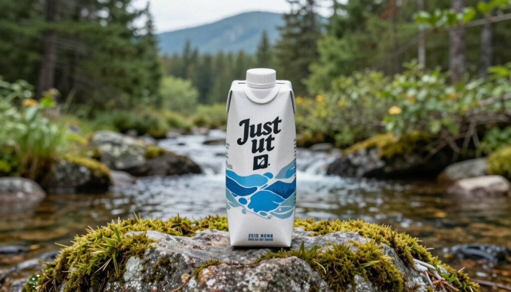 A high-resolution product shot of a Just Water paper-based carton positioned on a mossy rock in a lush Adirondack forest, with a clear mountain stream in the background, soft natural lighting.