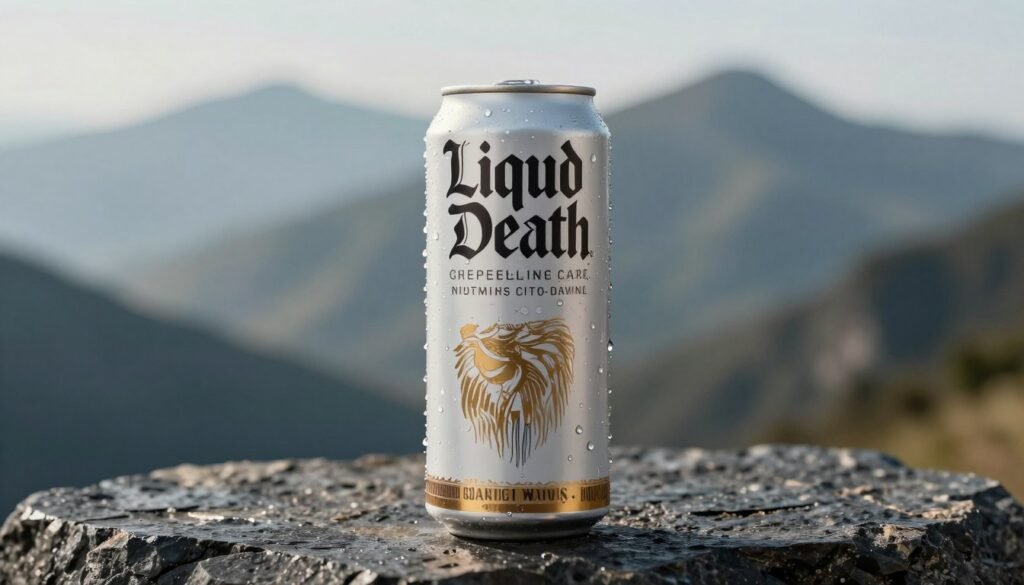 A high-resolution, professional studio shot of a tall, matte-finish Liquid Death aluminum can with condensation droplets, placed on a dark, textured stone surface with mountain peaks visible in the soft-focus background.