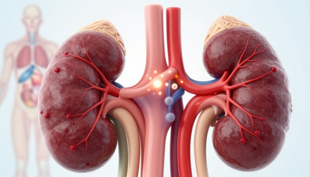 A highly detailed illustration of human kidneys actively filtering glucose from the bloodstream. In the foreground, focus on the kidneys, showcasing their intricate vascular structure with blood vessels highlighted in red to depict circulation. In the middle ground, visualize glucose molecules represented as glowing particles moving from the blood into the kidney tubules, emphasizing the filtration process. The background should include a soft focus on anatomical diagrams of the human body, creating an educational atmosphere. Use bright, clinical lighting to create a clean, professional look, and employ a slight downward camera angle to enhance the visibility of the kidney structures. The mood should be informative and scientific, ideal for educational purposes.