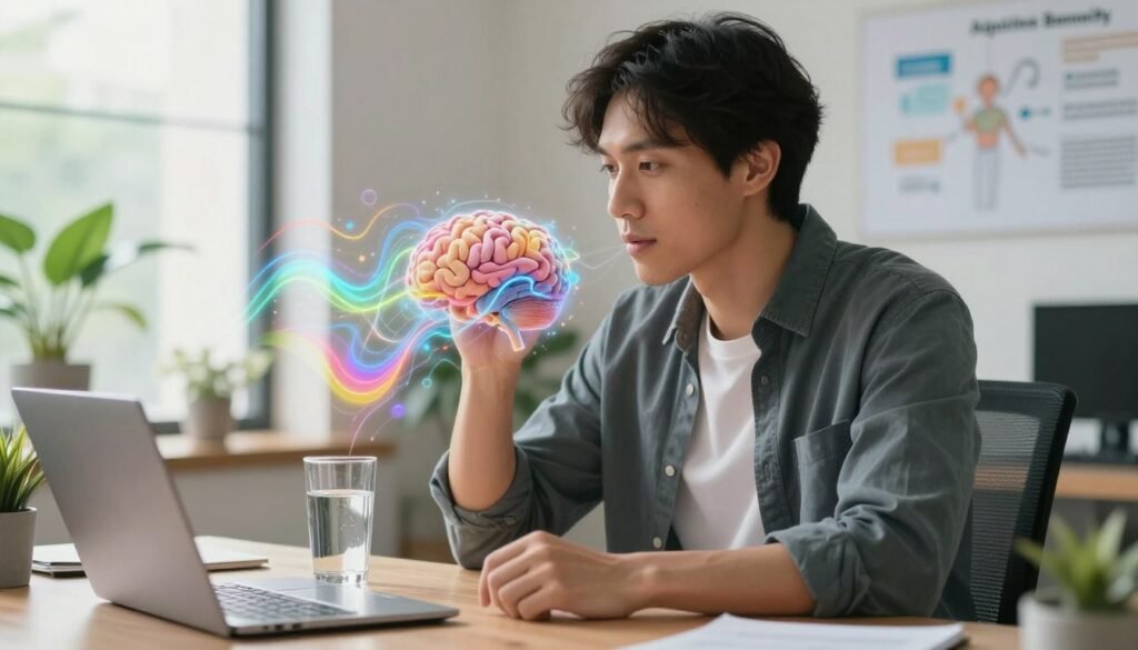 A human figure seated at a desk in a bright, modern office, surrounded by plants and natural light streaming through large windows. The person, dressed in smart casual attire, appears focused and energized, with a glass of clear water beside them, reflecting their commitment to hydration. In the foreground, visualize their brain visually connecting with vibrant, colorful waves of energy representing improved cognitive function and clarity. In the background, a subtle diagram illustrating hydration benefits, like enhanced creativity and focus, softly fades into the scene. Use soft, uplifting lighting to create an inviting and productive atmosphere, with a shallow depth of field to emphasize the figure and their hydration journey, evoking a sense of health, vitality, and mental clarity.