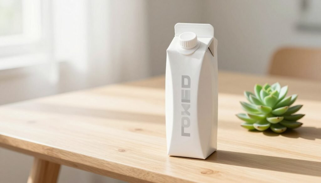 A minimalist, bright lifestyle photograph of a white Boxed Water carton sitting on a clean wooden table next to a small green succulent plant, captured in soft morning sunlight.