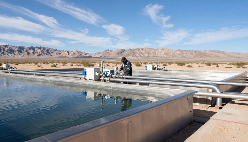 A modern Nevada water treatment facility surrounded by arid desert landscape. In the foreground, showcase a series of sleek, stainless steel tanks with clear water being treated, reflecting the sunlight. In the middle, highlight organized pipelines and maintenance equipment, with a maintenance worker in professional attire inspecting water samples. The background features a blue sky with wispy clouds, desert mountains, and sparse vegetation, illustrating the contrast between technology and nature. Use bright, clear lighting to convey a sense of cleanliness and improvement in water quality. The image should convey a mood of progress and innovation in water treatment processes.