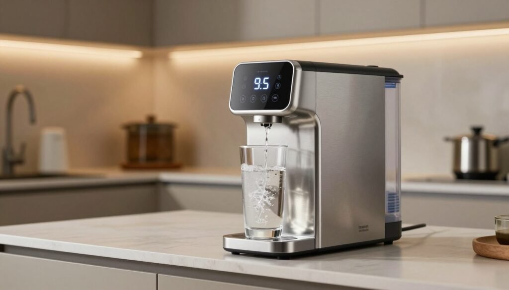 A modern kitchen countertop featuring a sleek, stainless steel alkaline water ionizer machine for home use, with a tall glass being filled with crisp, clear water and digital pH display showing 9.5, high-end interior lighting.