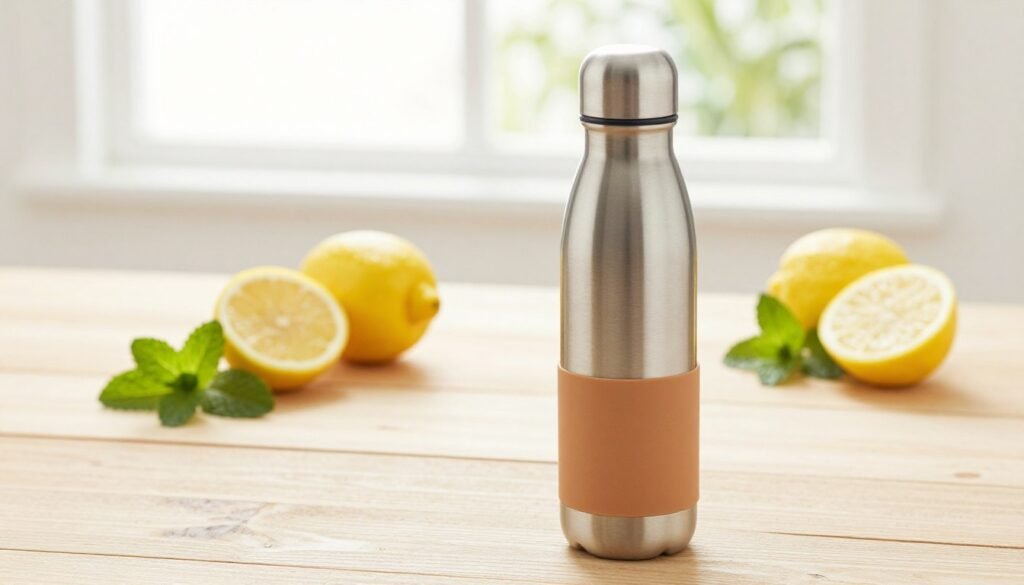 A modern, reusable water bottle placed prominently in the foreground on a clean, textured wooden table. The bottle is sleek, made of stainless steel with a matte finish, accented by a silicone sleeve in an earthy tone. In the middle ground, fresh lemons and mint leaves are scattered around, hinting at hydration flavors. In the background, softly blurred, a bright window lets in natural light, creating a warm and inviting atmosphere. The scene is shot from a slightly elevated angle, allowing the viewer to appreciate the bottle's design and the refreshing ingredients surrounding it. The overall mood is vibrant and healthy, encouraging the viewer to think about hydration in their daily routine.