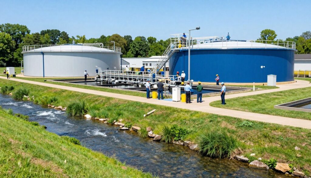 A modern water treatment facility in Delaware, showcasing large holding tanks and filtration systems amid a landscape of greenery. In the foreground, a clean, crystalline stream flows, symbolizing purified water. The middle ground features the facility's industrial structures with blue and white exteriors, bustling with activity. Workers in professional business attire monitor processes while wearing safety gear, emphasizing safety and compliance. In the background, a clear blue sky contrasts with lush trees, projecting a sense of hope and cleanliness. Bright, natural lighting enhances the scene, creating a positive environment. The perspective is slightly elevated, offering a comprehensive view of the facility and its surroundings, highlighting the importance of safe drinking water and public health.
