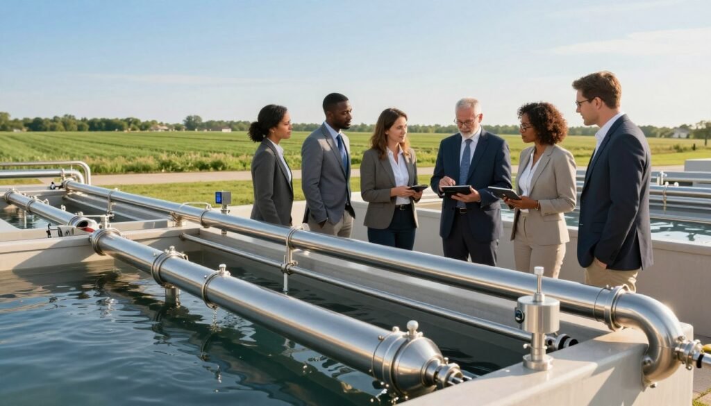 A modern water treatment facility in Iowa, showcasing state-of-the-art innovations in water quality improvement. In the foreground, display advanced filtration systems and processing equipment with gleaming metallic surfaces. In the middle ground, depict a diverse group of professionals in smart business attire, discussing and analyzing data on a digital tablet. The background features clear blue skies and green fields, emphasizing Iowa's natural landscape. Soft, warm lighting enhances the inviting atmosphere, while a wide-angle lens captures the scale of the facility. The overall mood conveys a sense of hope and progress in ensuring safe drinking water.