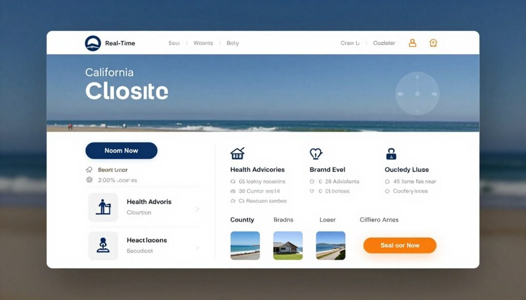 A modern website dashboard interface showing live updates of California beach closures, health advisories, and county-specific safety alerts.