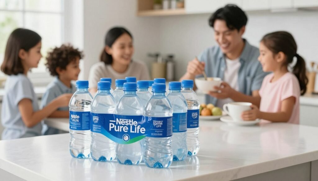 A multi-pack of Nestle Pure Life water bottles in a family kitchen setting, emphasizing daily hydration and accessibility.