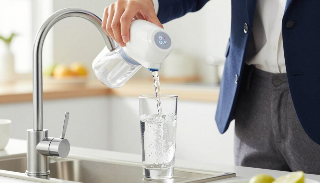 A person filling a clear glass with water from a high-tech faucet filter, bubbles rising in the glass, bright and clean kitchen environment, lifestyle photography.