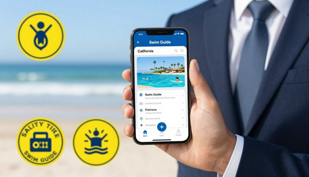 A person holding a smartphone showing the California Swim Guide app with a beautiful beach background, displaying safety badges for nearby swimming spots.