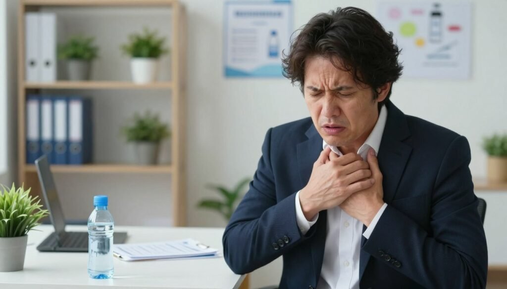 A person in professional business attire, appearing fatigued and concerned, stands in a well-lit office environment. The foreground features the individual clutching their throat, showcasing signs of dehydration: dry lips, sunken eyes, and slightly disheveled hair. In the middle ground, a desk holding a half-empty water bottle and a few health-related documents symbolizes the disarray of neglecting hydration. The background reveals shelves with hydration reminders and potted plants that contrast with the person's parched demeanor. The lighting is bright but slightly harsh, creating shadows that emphasize the individual's worn-out expression. The overall mood is serious and informative, illustrating the urgency of recognizing dehydration signs while managing health. A person in professional business attire, appearing fatigued and concerned, stands in a well-lit office environment. The foreground features the individual clutching their throat, showcasing signs of dehydration: dry lips, sunken eyes, and slightly disheveled hair. In the middle ground, a desk holding a half-empty water bottle and a few health-related documents symbolizes the disarray of neglecting hydration. The background reveals shelves with hydration reminders and potted plants that contrast with the person's parched demeanor. The lighting is bright but slightly harsh, creating shadows that emphasize the individual's worn-out expression. The overall mood is serious and informative, illustrating the urgency of recognizing dehydration signs while managing health.
