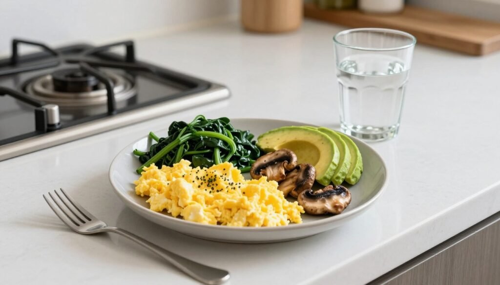 A photograph of a modern kitchen counter featuring a balanced high-protein breakfast plate with scrambled eggs, sautéed spinach, mushrooms, and sliced avocado next to a glass of water. A photograph of a modern kitchen counter featuring a balanced high-protein breakfast plate with scrambled eggs, sautéed spinach, mushrooms, and sliced avocado next to a glass of water.